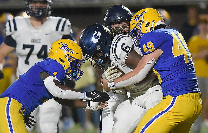 Staff file photo by Matt Hamilton / Boyd Buchanan's Mason Bates (49) is a key player on defense for TSSAA Division II-AA's second-ranked Buccaneers, who host Knoxville Grace this week.