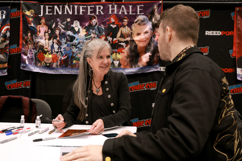 Jennifer Hale signs autographs during New York Comic Con 2025 at The Jacob K. Javits Convention Center on October 09, 2025 in New York City