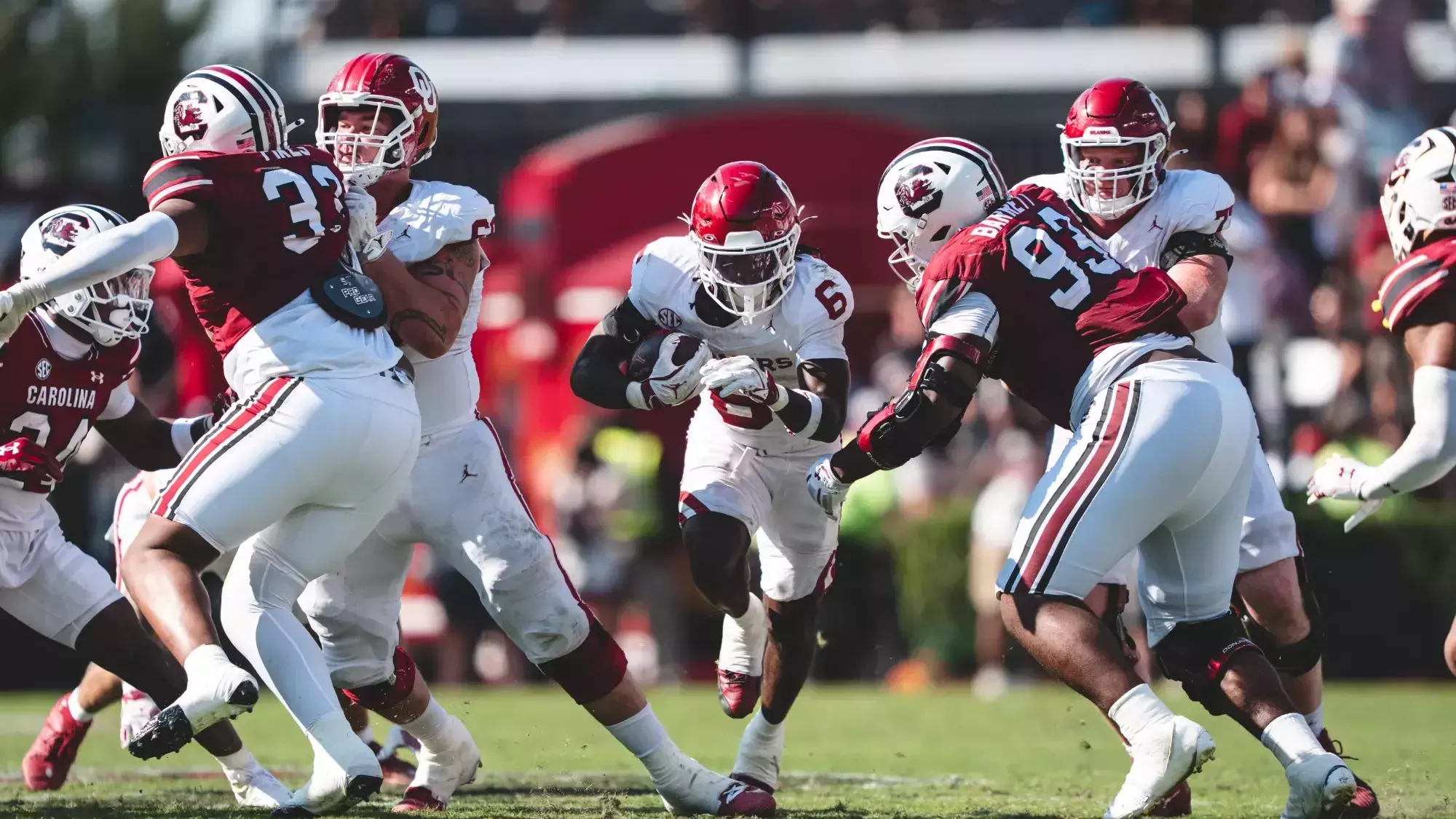 COLUMBIA, SC - October 18, 2025 - Oklahoma Running Back Tory Blaylock (#6) during the game between the South Carolina Gamecocks and the Oklahoma Sooners at Williams-Brice Stadium in Columbia, SC. Photo By Morgan Givens/University of Oklahoma