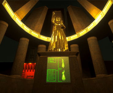 A statue with a display containing a description of the character and their history.