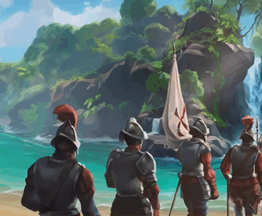 Digital painted image of Spanish Conquistadors on a tropical beach, concept art for Europa Universalis 5.