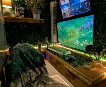 My tiny cozy battlestation, built inside a faux forest nook 🌿✨