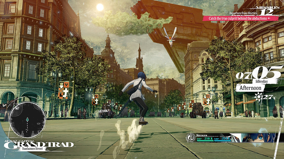 Metaphor: ReFantazio's protagonist skates through Grandtrad on his sword.