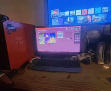 Tv balanced on slowly bending plastic box, on top of books, and fyi, no fish are in the tank just a bit of water