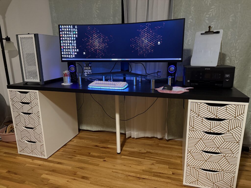 Still a work in progress but I’m happy. Adhesive wallpaper is a cheap/easy way to customize ikea drawers