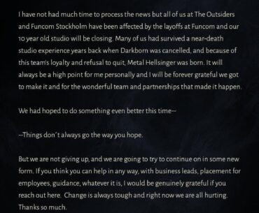 'Metal: Hellsinger' developer The Outsiders is being shuttered by parent company Funcom.