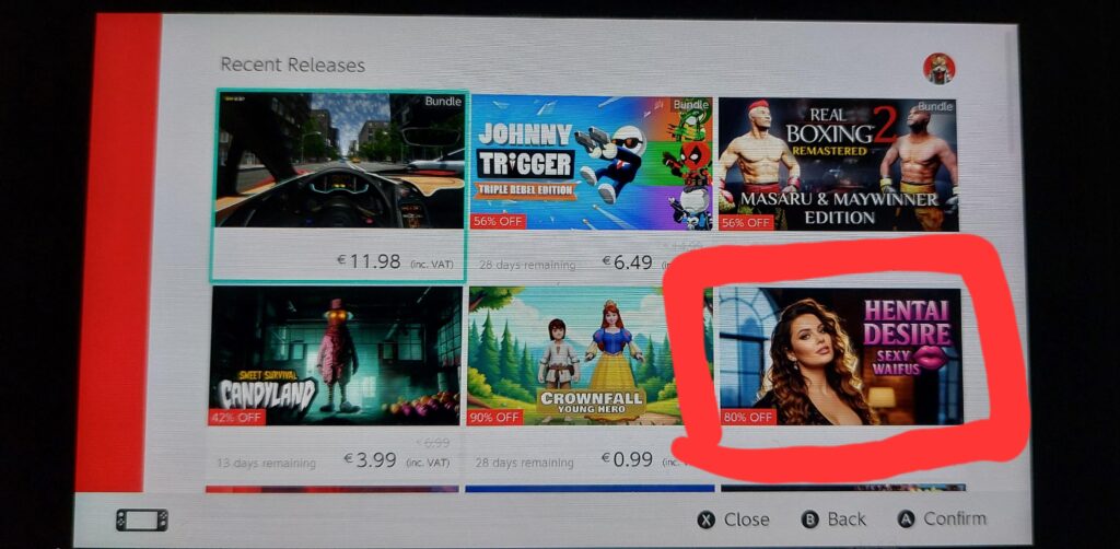 Store front page of my 6yo nephew switch. Thought nintendo was family friendly.