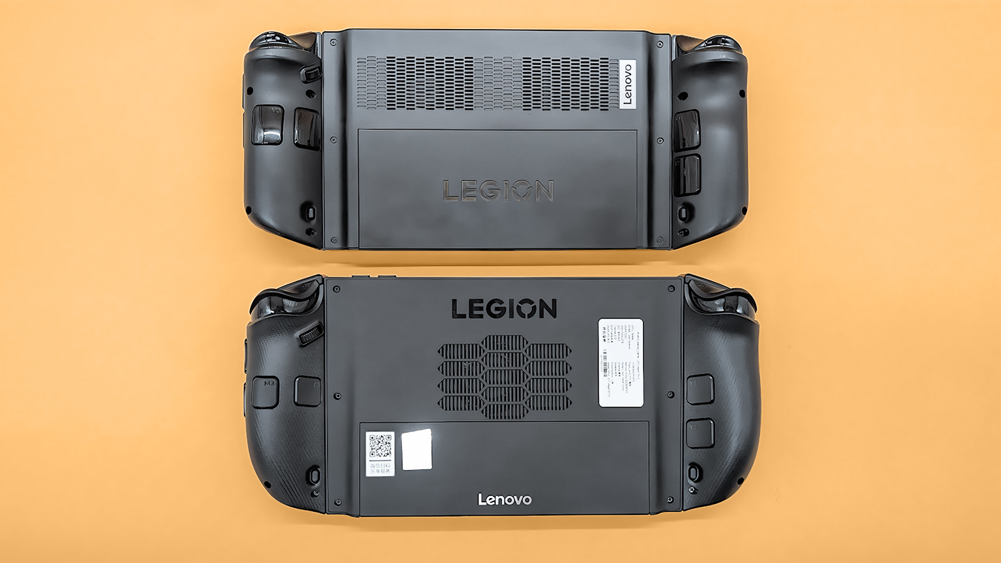 The Lenovo Legion Go 2 and original Legion Go lying face down. 