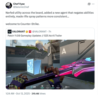 Offtopic- Valorant nerfed abilities and made spraying more consistent. The goal is  to be more like Counter Strike . Check out the community reactions