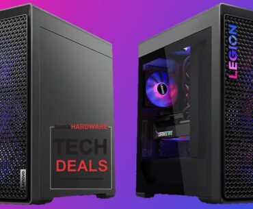 Two front angles of the Lenovo Legion Tower 7i gaming PC.