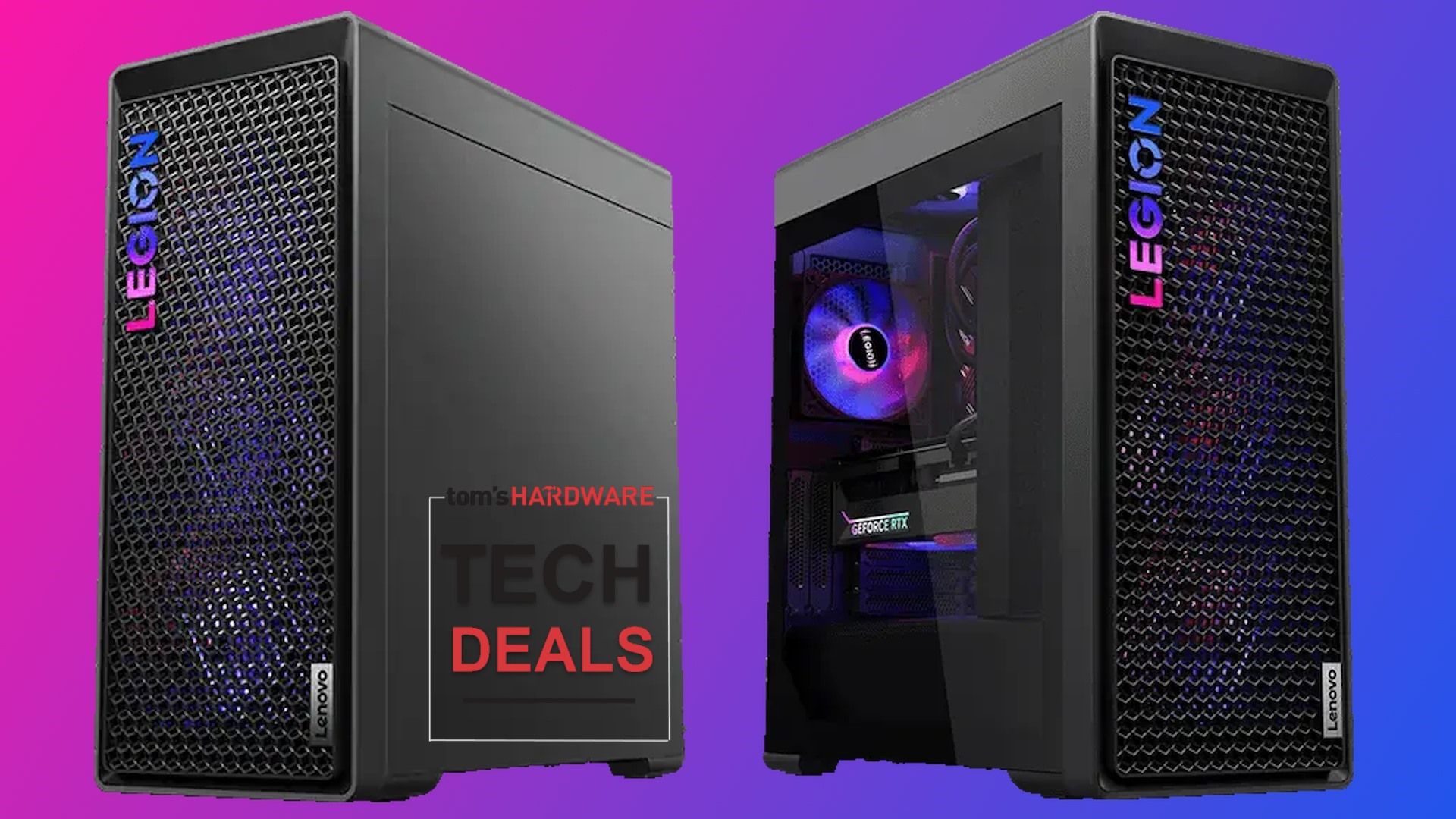 Get nearly $600 off on this RTX 5090 gaming PC blowout sale — a high-end gaming setup featuring a Core Ultra 9 285K CPU, 64GB RAM, and a 2TB SSD Two front angles of the Lenovo Legion Tower 7i gaming PC.