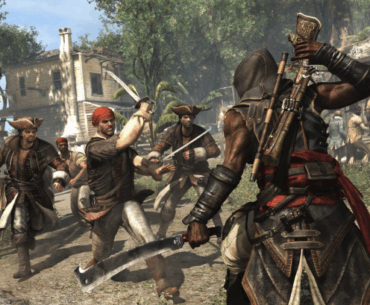 Assassin's Creed IV: Black Flag character in a village setting facing armed opponents.