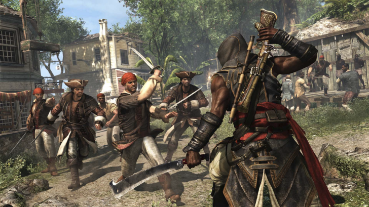 Ubisoft Reportedly Cancelled A 19th Century Post-American Civil War Era Assassin’s Creed Game Last Year Assassin's Creed IV: Black Flag character in a village setting facing armed opponents.