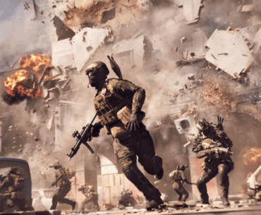 Soldiers running amidst explosions in an urban warfare setting with debris falling from buildings.