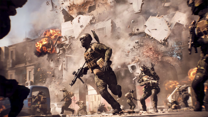 Black Ops 6’s EU Launch Soldiers running amidst explosions in an urban warfare setting with debris falling from buildings.