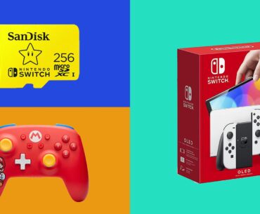 three Nintendo Switch products on bright background including a Switch OLED a controller and a SD card