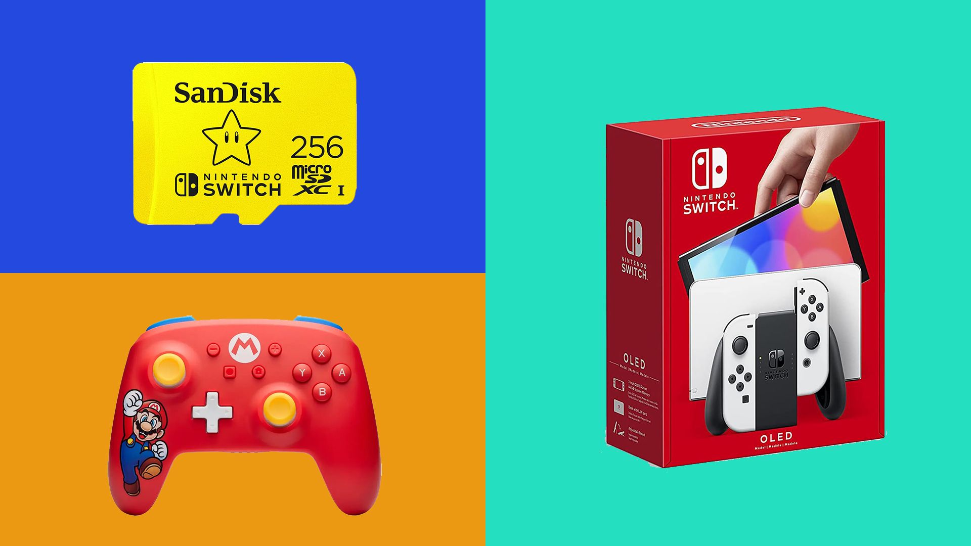 LIVE: All the best Nintendo Switch Prime Day deals, including an offer on the Switch 2 three Nintendo Switch products on bright background including a Switch OLED a controller and a SD card