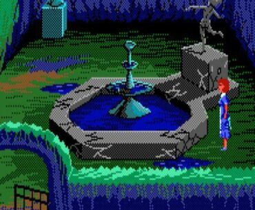 A VGA game showing a garden and a player character