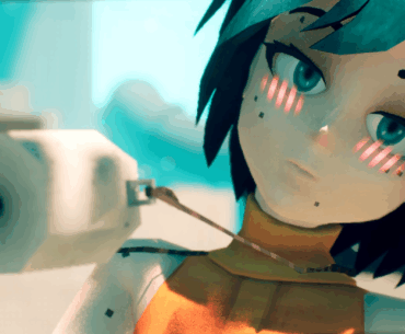 P, from Motorslice, holds a VR headset and tilts her head at the viewer.