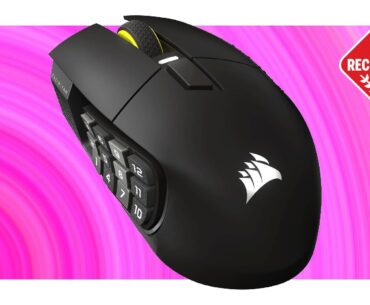 A Corsair Scimitar Elite Wireless SE MMO gaming mouse on a pink background with a PC Gamer Recommended label on top