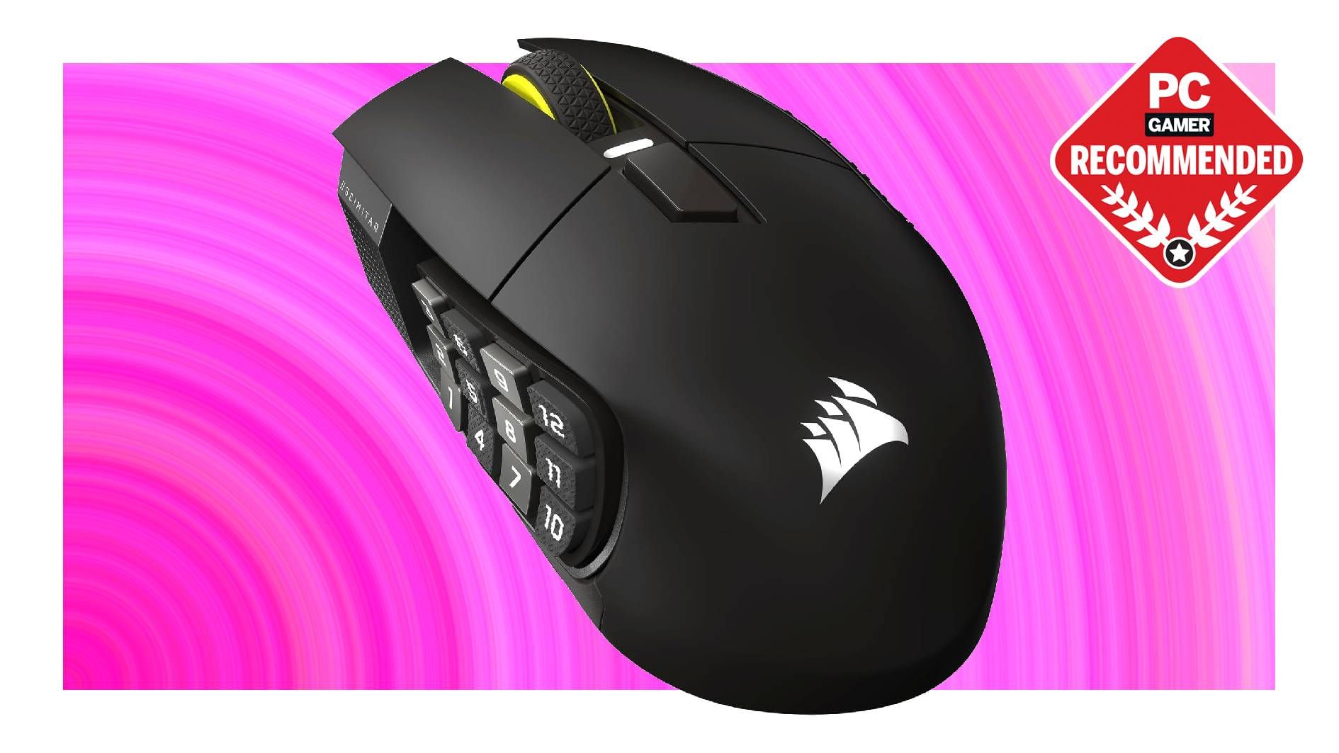 It’s only been around for five months and already the best multi-button MMO rodent is the best Prime Day gaming mouse deal A Corsair Scimitar Elite Wireless SE MMO gaming mouse on a pink background with a PC Gamer Recommended label on top