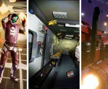 Split image showing three space games: Left - Void Crew, Middle - Hardspace: Shipbreaker, Right - Star Trucker.