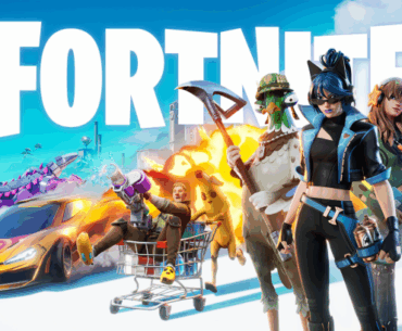 FORTNITE characters posed with a yellow car, a shopping cart, and colorful creatures against a bright city backdrop.