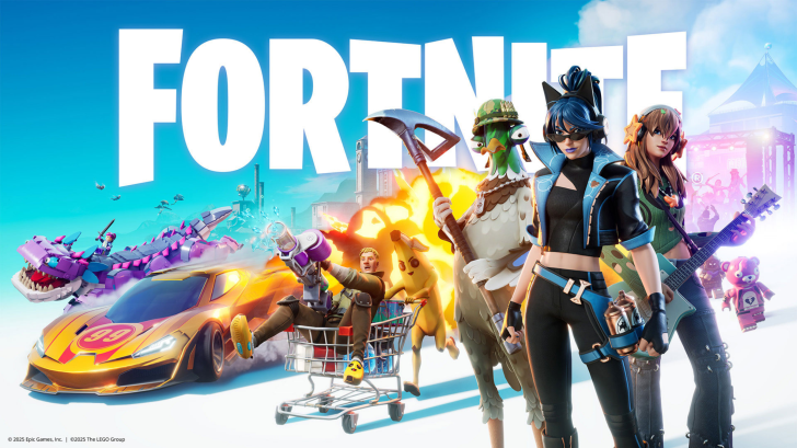 PSN, Fortnite, Roblox, and Other Gaming Services Are Starting to Recover From the AWS Outage FORTNITE characters posed with a yellow car, a shopping cart, and colorful creatures against a bright city backdrop.