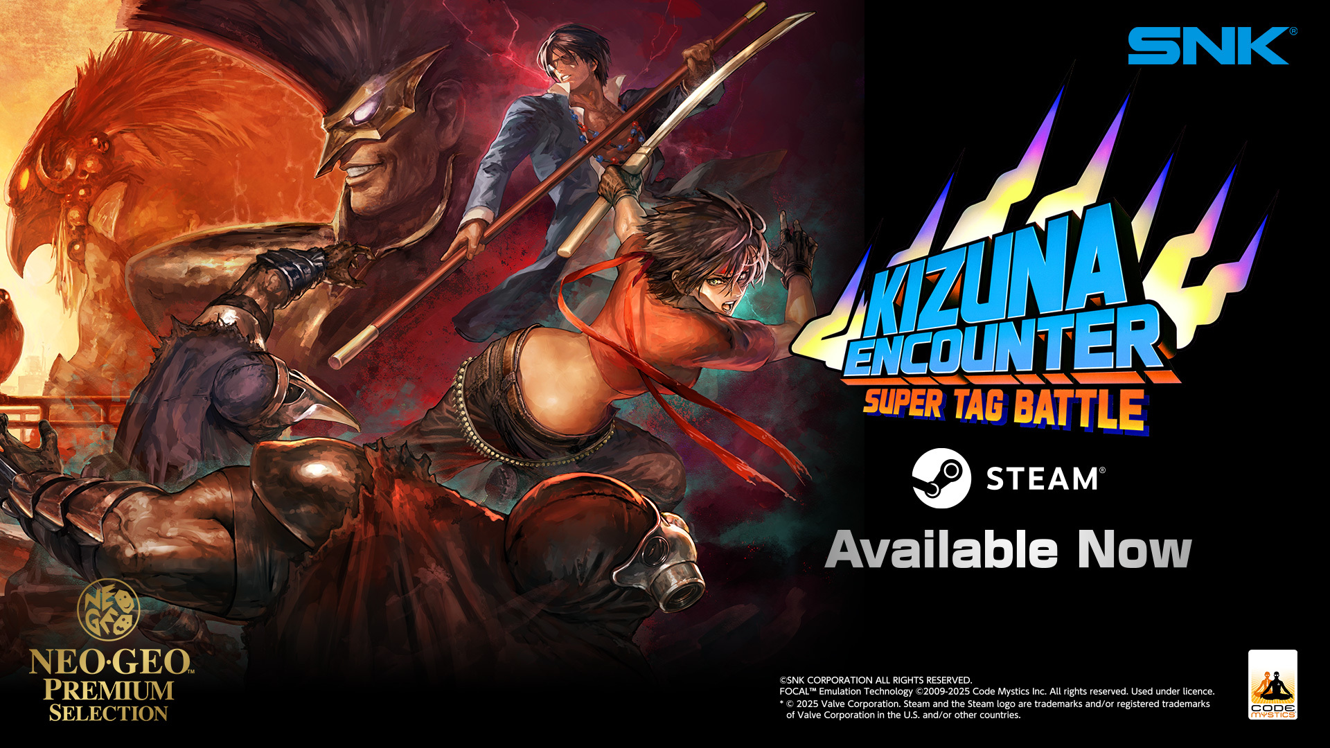 KIZUNA ENCOUNTER: SUPER TAG BATTLE Interview Kizuna Encounter Super Tag Battle promotion with SNK and Neo Geo logos and text Available Now on Steam.