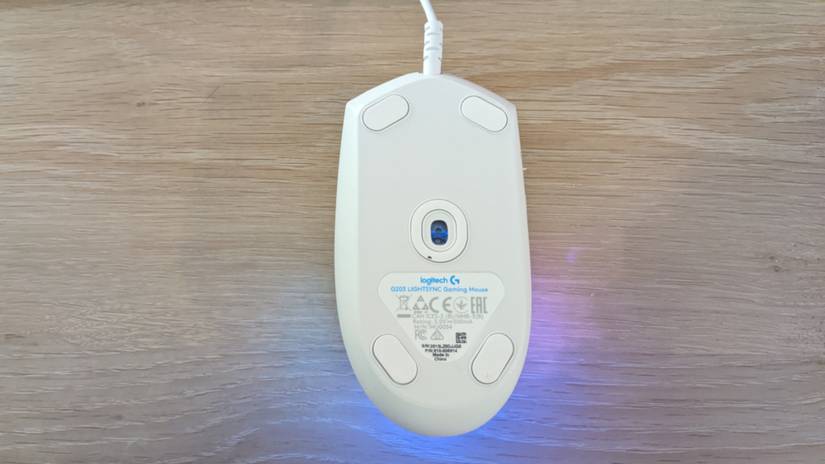 Logitech G203 gaming mouse showing bottom of mouse.