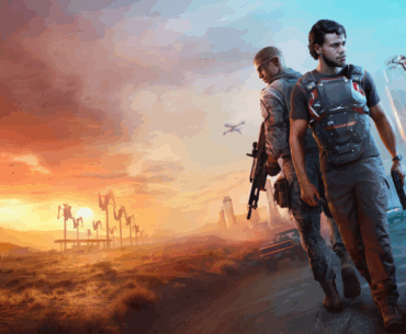 Two armed men in futuristic armor walk in a desert cityscape with drones flying; one wears gear labeled Siavash.