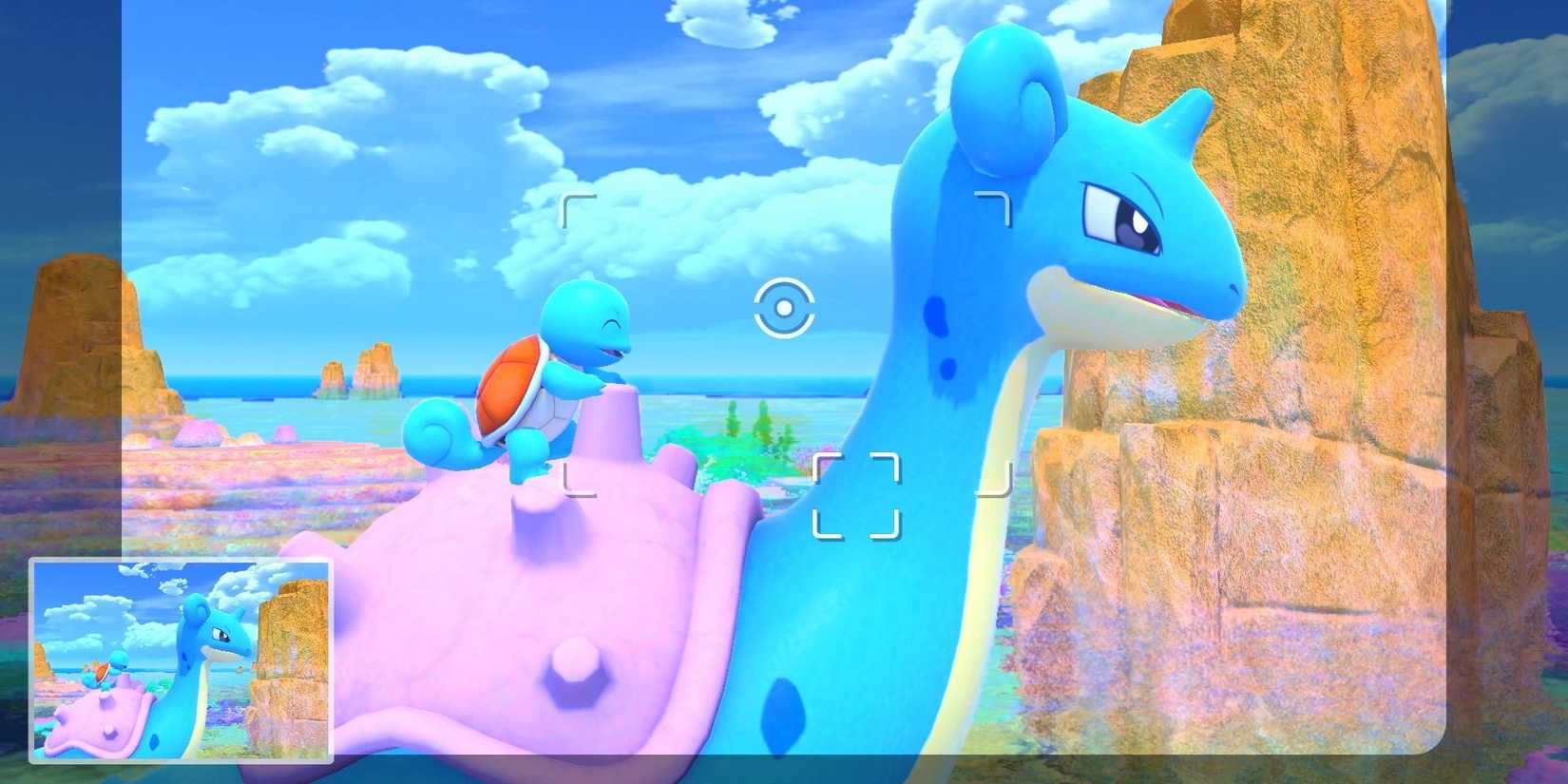 New Pokemon Snap screenshot of a Squirtle riding on a Lapras