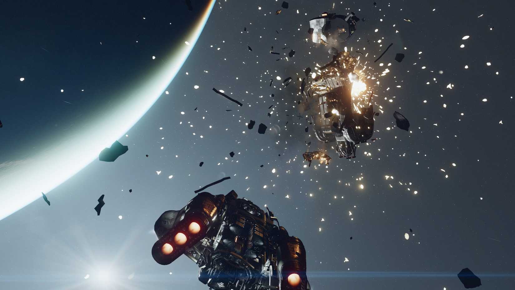 A space dogfight in Starfield turns deadly as the player blows up an enemy ship.