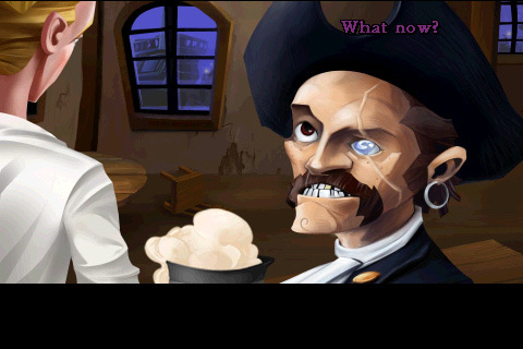 Guybrush talks to a pirate in the SCUMM Bar in the special edition of The Secret of Monkey Island. 