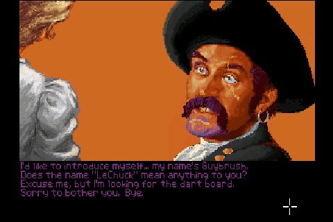 Guybrush talks to a pirate in the SCUMM Bar in the classic version of The Secret of Monkey Island. 