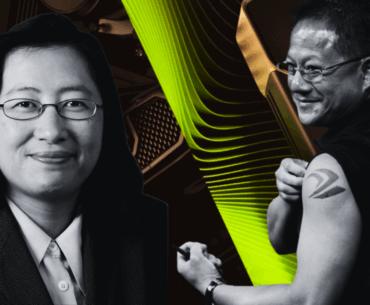 Two people with the AMD logo and an arm tattoo of a stylized NVIDIA logo against a tech-themed background.