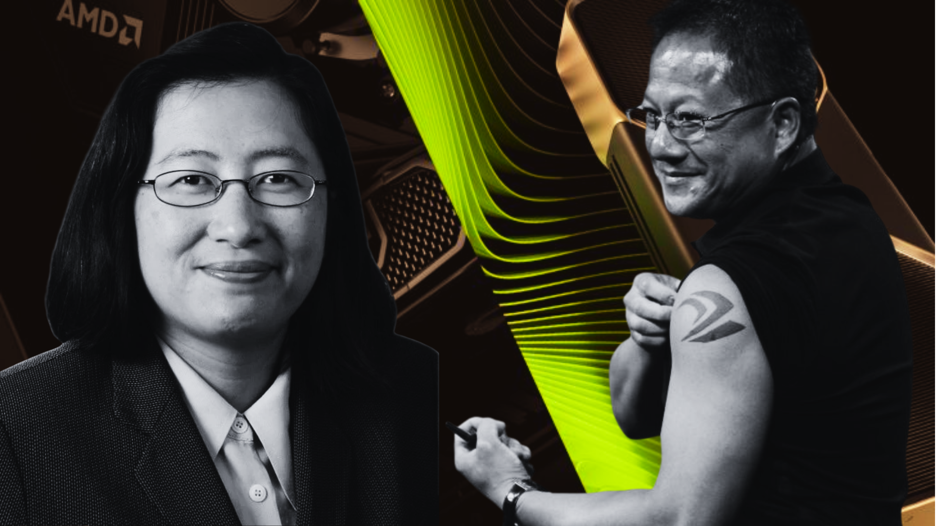 Wccftech Community Bench-a-Thon Results Are Finally Here, And They Are Pretty Amazing! Two people with the AMD logo and an arm tattoo of a stylized NVIDIA logo against a tech-themed background.