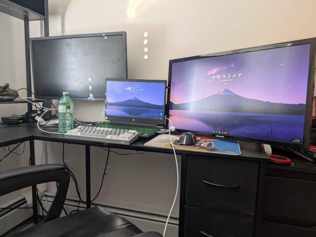 my warrior HP laptop (not 3 monitors, extended screen splitters are too pricey)