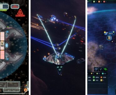 Split image showing three space strategy games: Left - FTL, Middle - Sins of a Solar Empire 2, Right - Galactic Civilizations 4