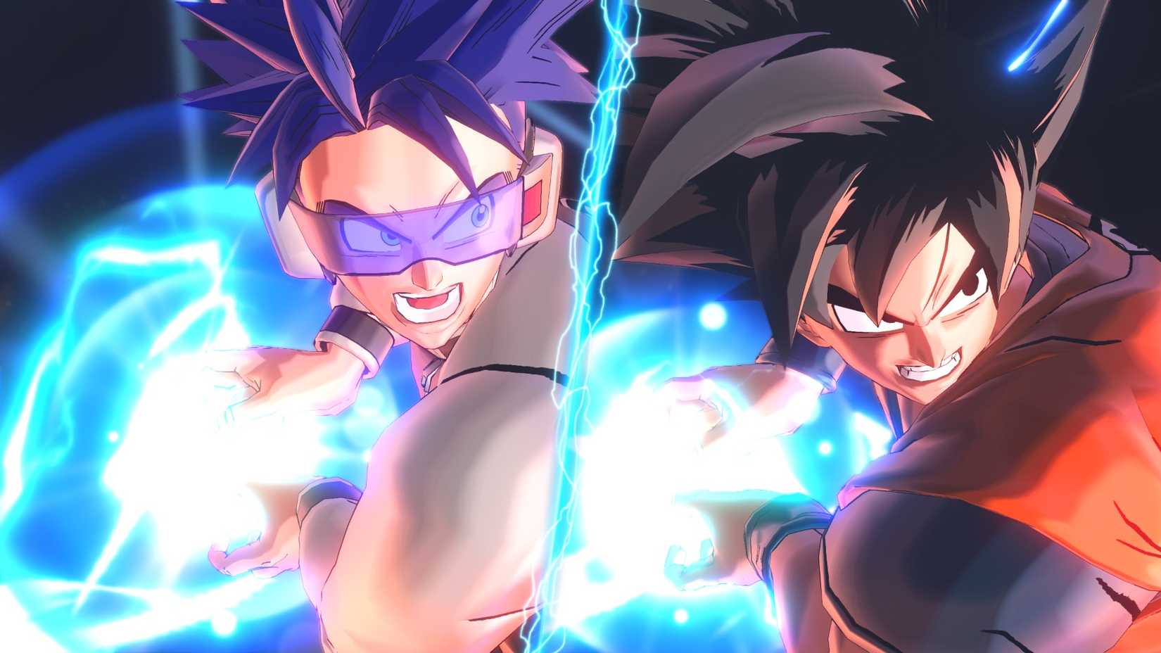 A custom character and Goku side by side in an image from Dragon Ball XenoVerse 2.
