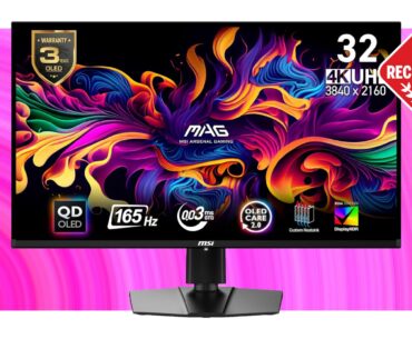 The MSI MAG 321UP QD-OLED gaming monitor on a pink deals background, with the PC Gamer recommended badge in the top right