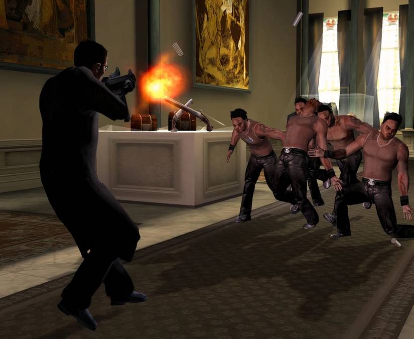 A man shoots a gun at a group of men in Enter the Matrix.