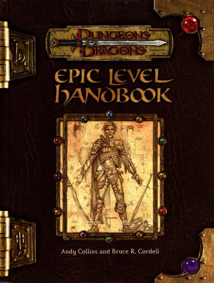 The cover of the Dungeons & Dragons 3rd Edition Epic Level Handbook shows an adventurer in armor