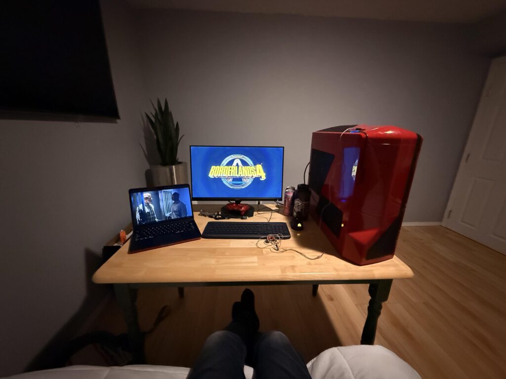 My setup for working away from home for the next 6 months - a year. Yes my chair is the edge of a bed