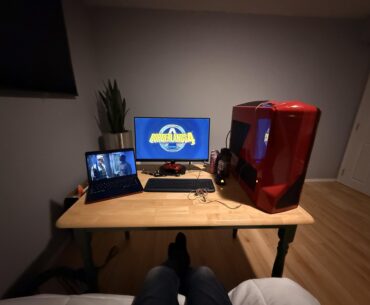My setup for working away from home for the next 6 months - a year. Yes my chair is the edge of a bed