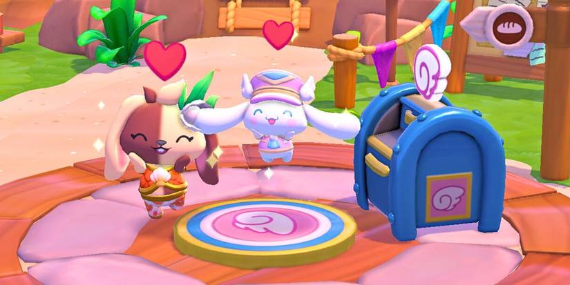 Player and Cinnamoroll posed next to a fast travel mailbox in Hello Kitty Island Adventure