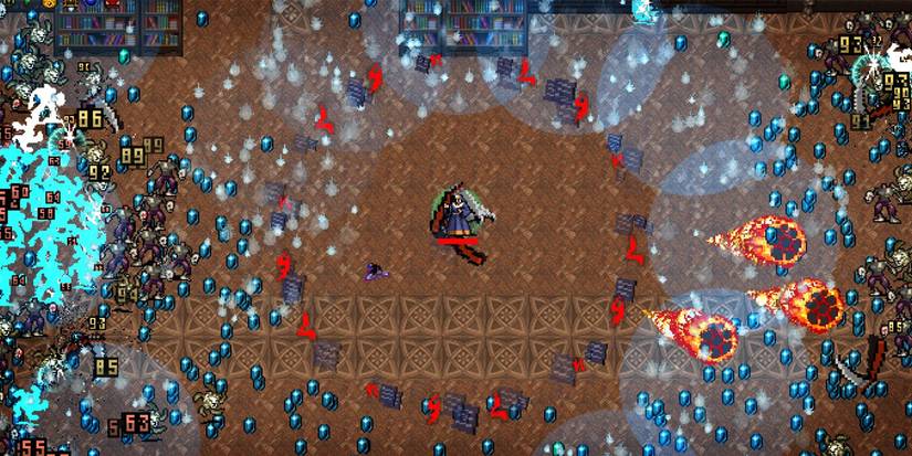A character from Vampire Survivors unleashing a powerful attack in all directions.
