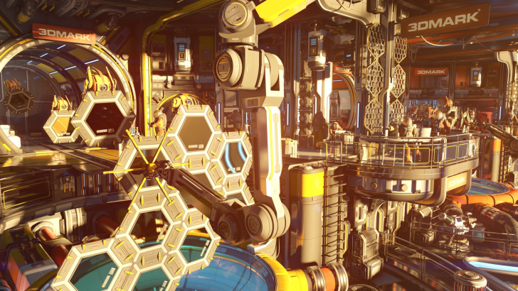 3DMark logo on futuristic industrial scene with hexagonal structures and robotic components.