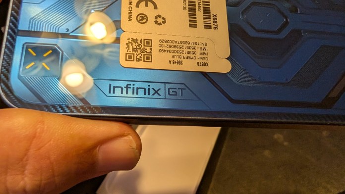 Close-up of the back of the Infinix GT 30 smartphone showcasing the branding and design details.