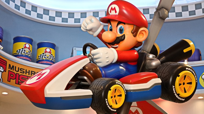 A Mario Kart display showing Mario's winning attitude.